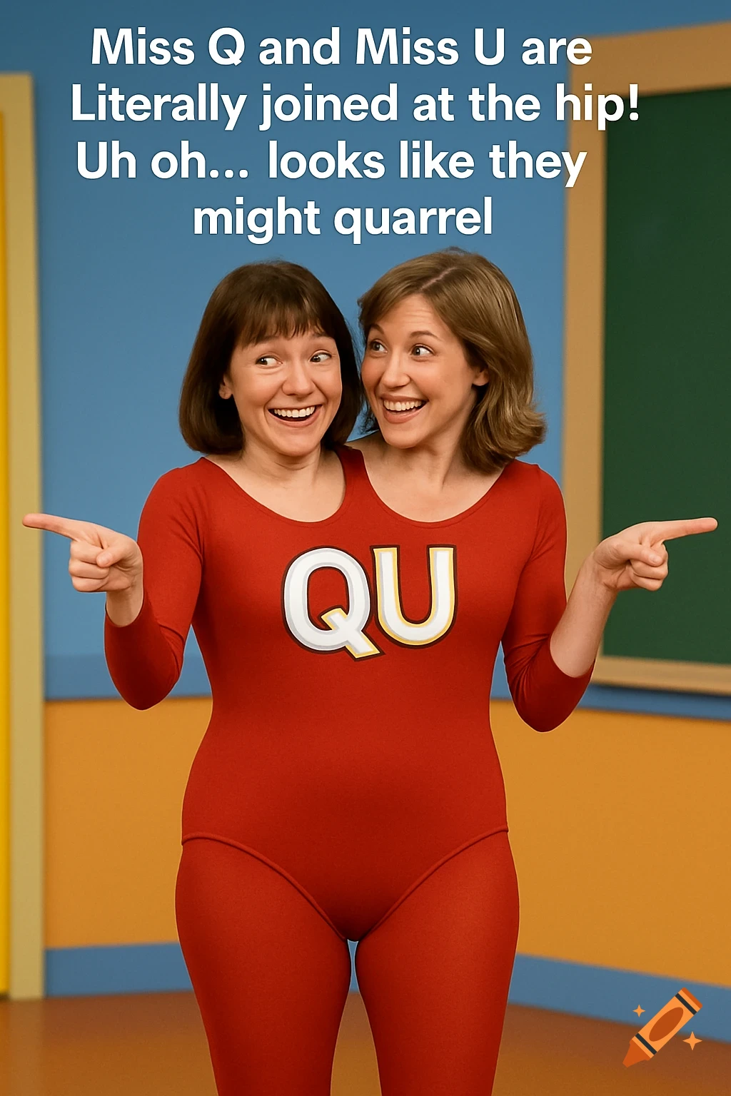 Two women in a red leotard with 'QU' merged into one body with two heads, smiling and pointing, with overlaid text about being joined at the hip.