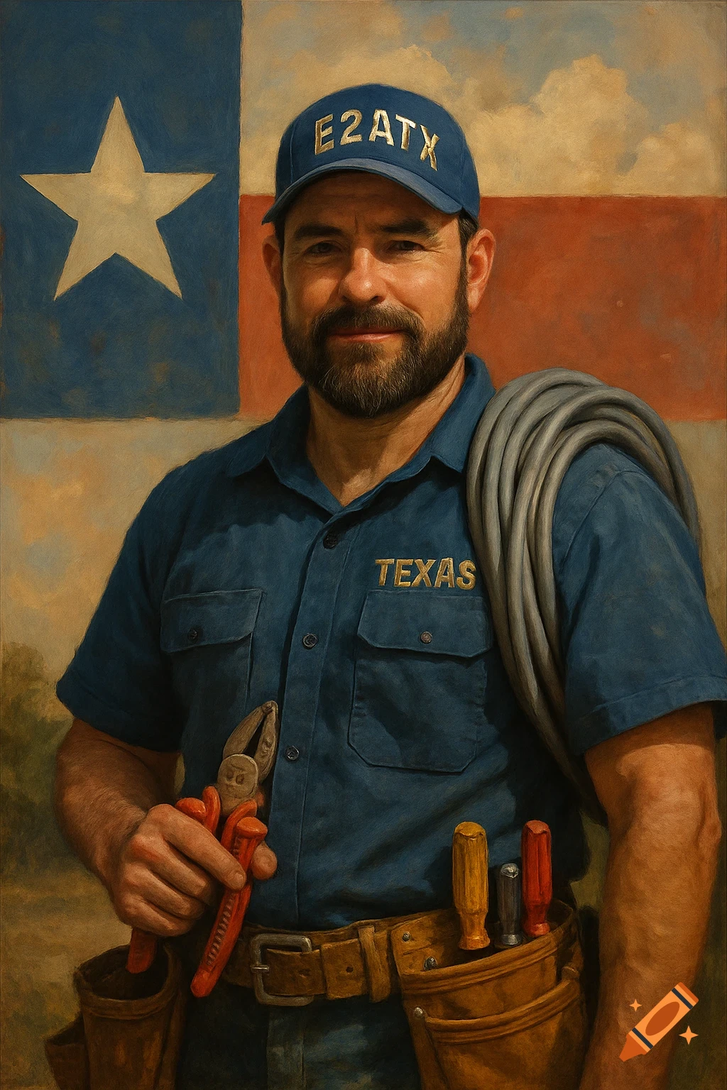Painterly portrait of a Texas electrician with pliers and tool belt, standing in front of the Texas flag.