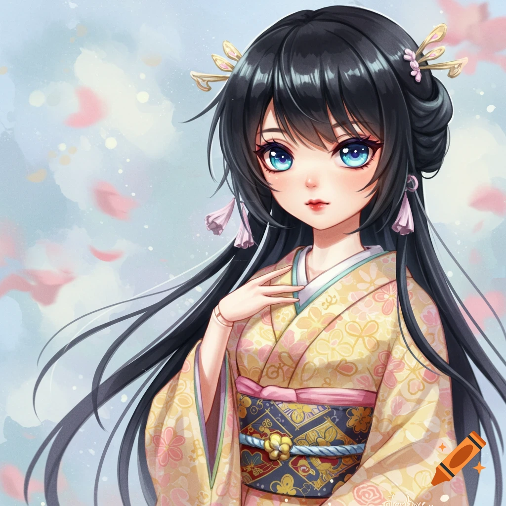 Anime portrait of a girl in a yellow kimono with floral patterns.