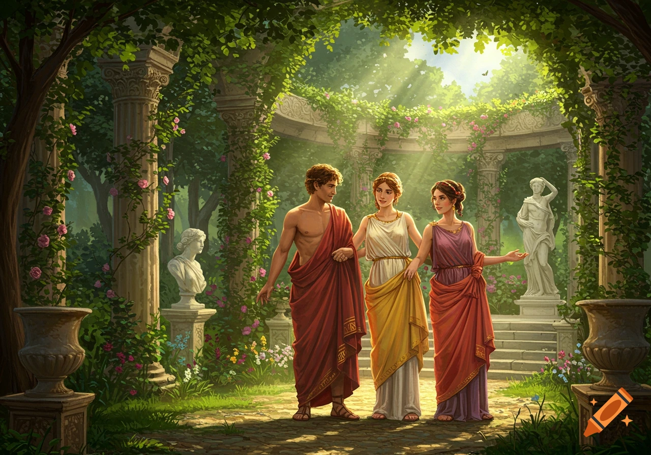 A man and two women in Roman tunics walk through a sunlit classical garden with columns and statues