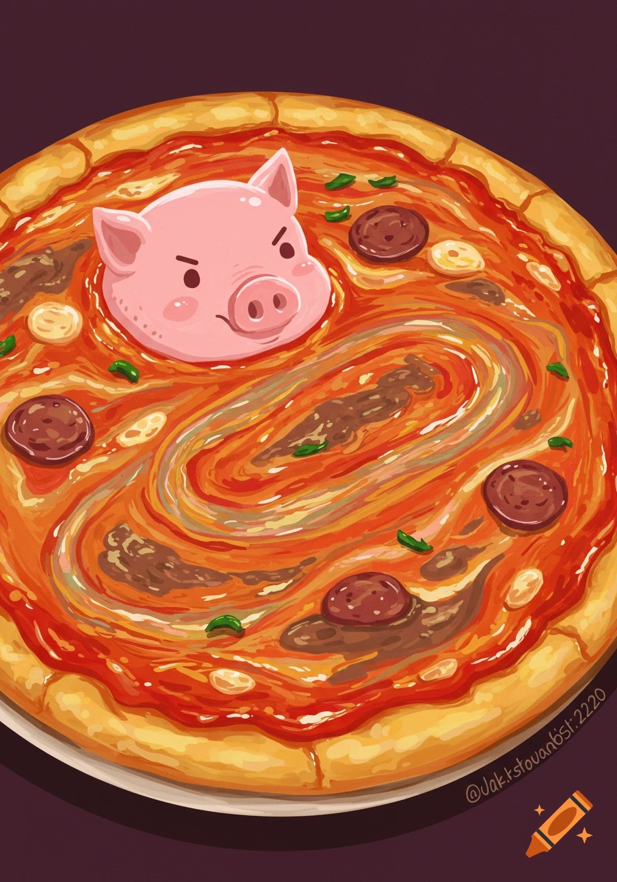 A cartoon illustration of a pig's head submerged in the sauce of a pizza with pepperoni and cheese.