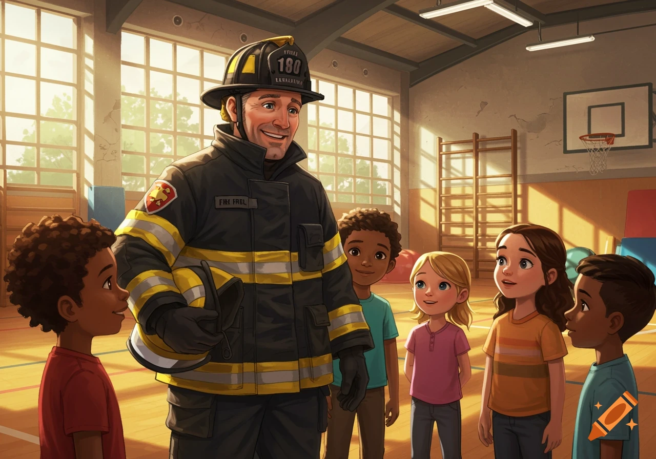 An illustration of a firefighter smiling while talking to a group of children in a school gym.