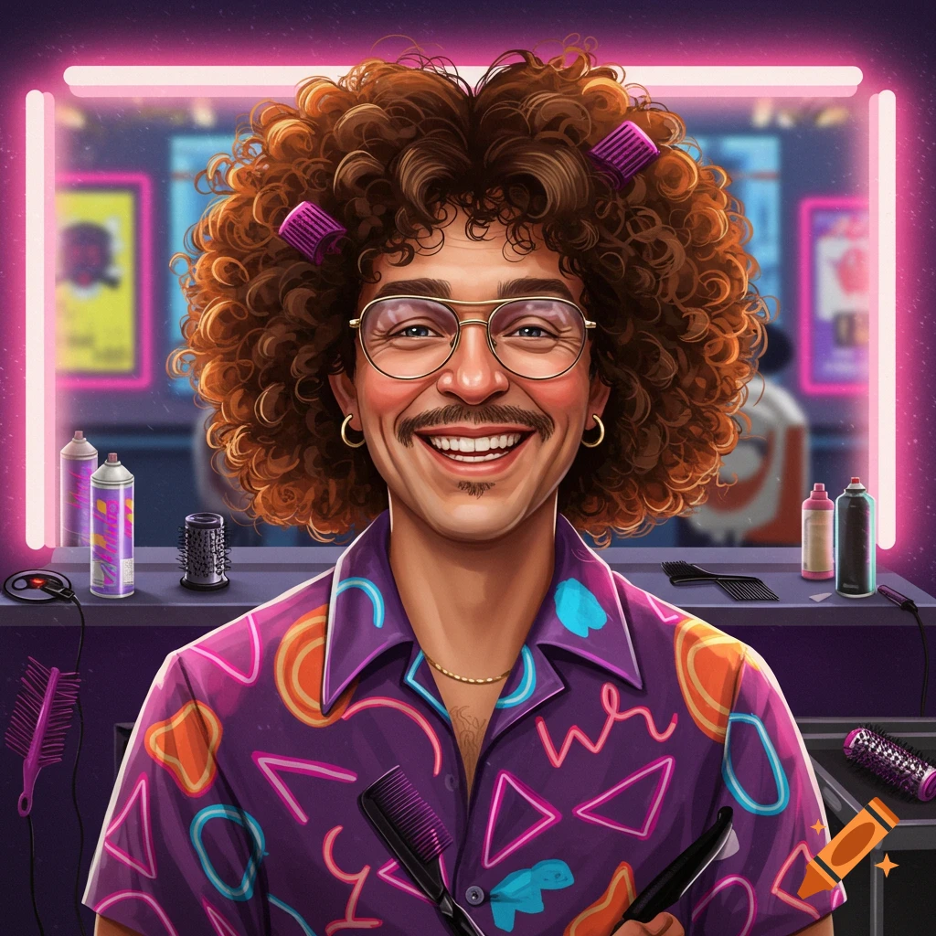 A smiling man with curly hair and a mustache wears an 80s-style shirt in a hair salon, holding combs.
