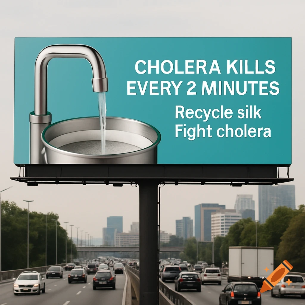 A billboard over a highway shows a tap filling a filtered bucket with text about cholera.