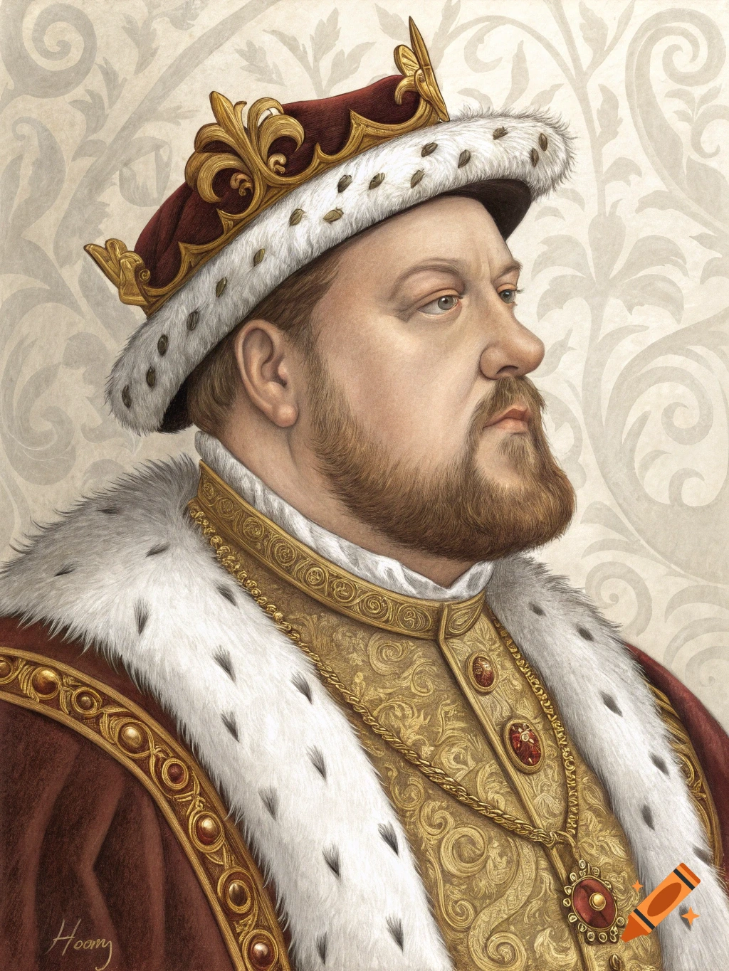 Painted portrait of King Henry VIII in a red and gold jeweled robe and crown, facing three-quarters right.