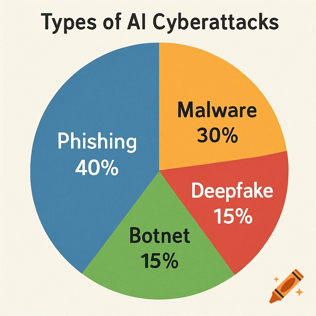 Pie chart showing the types of AI cyberattacks: Phishing 40%, Malware 30%, Deepfake 15%, Botnet 15%.
