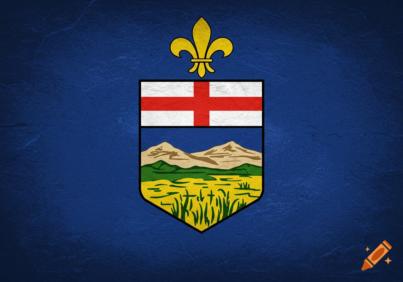 Coat of arms of Alberta on a textured blue background with red cross, mountains, fields, and fleur-de-lis.