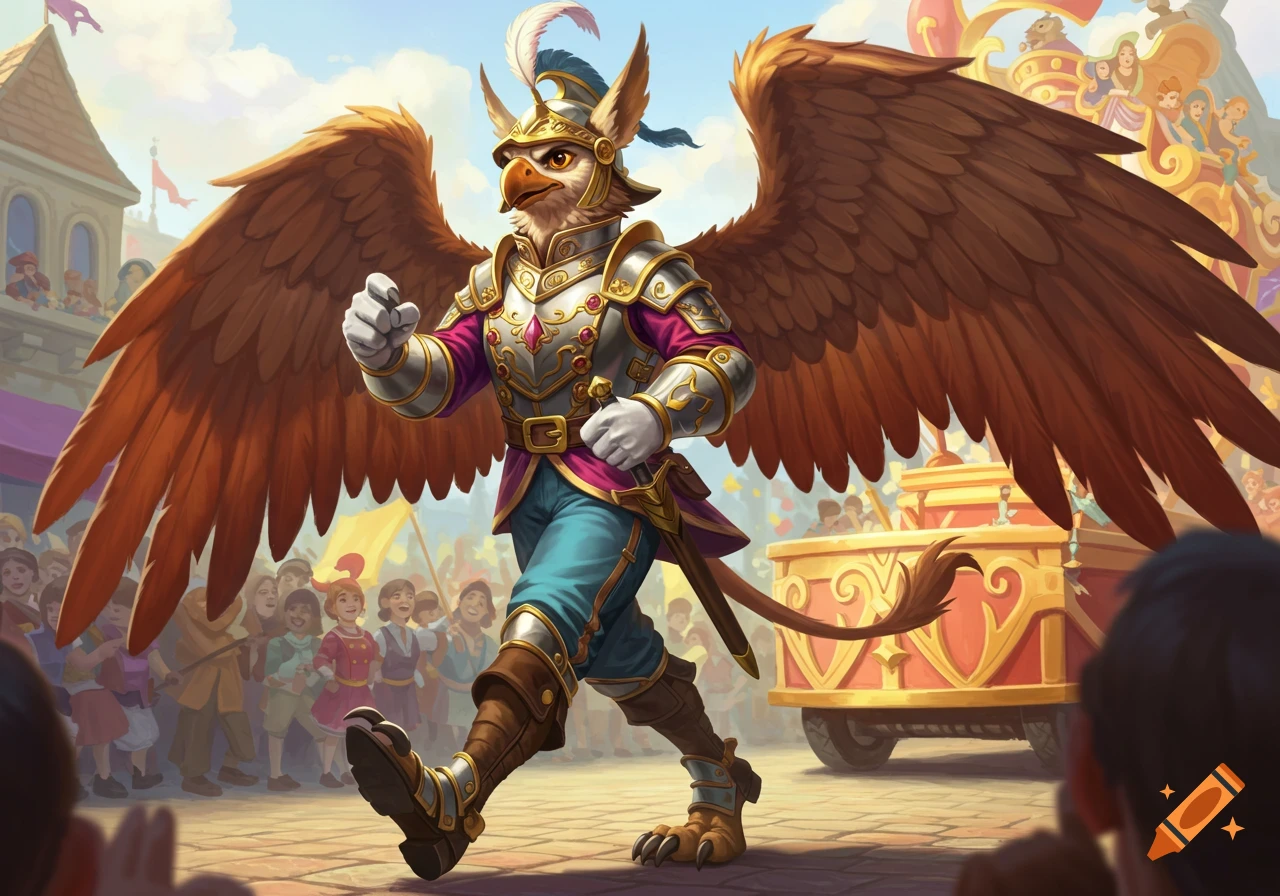 Anthro gryphon in ornate armor marching in a parade
