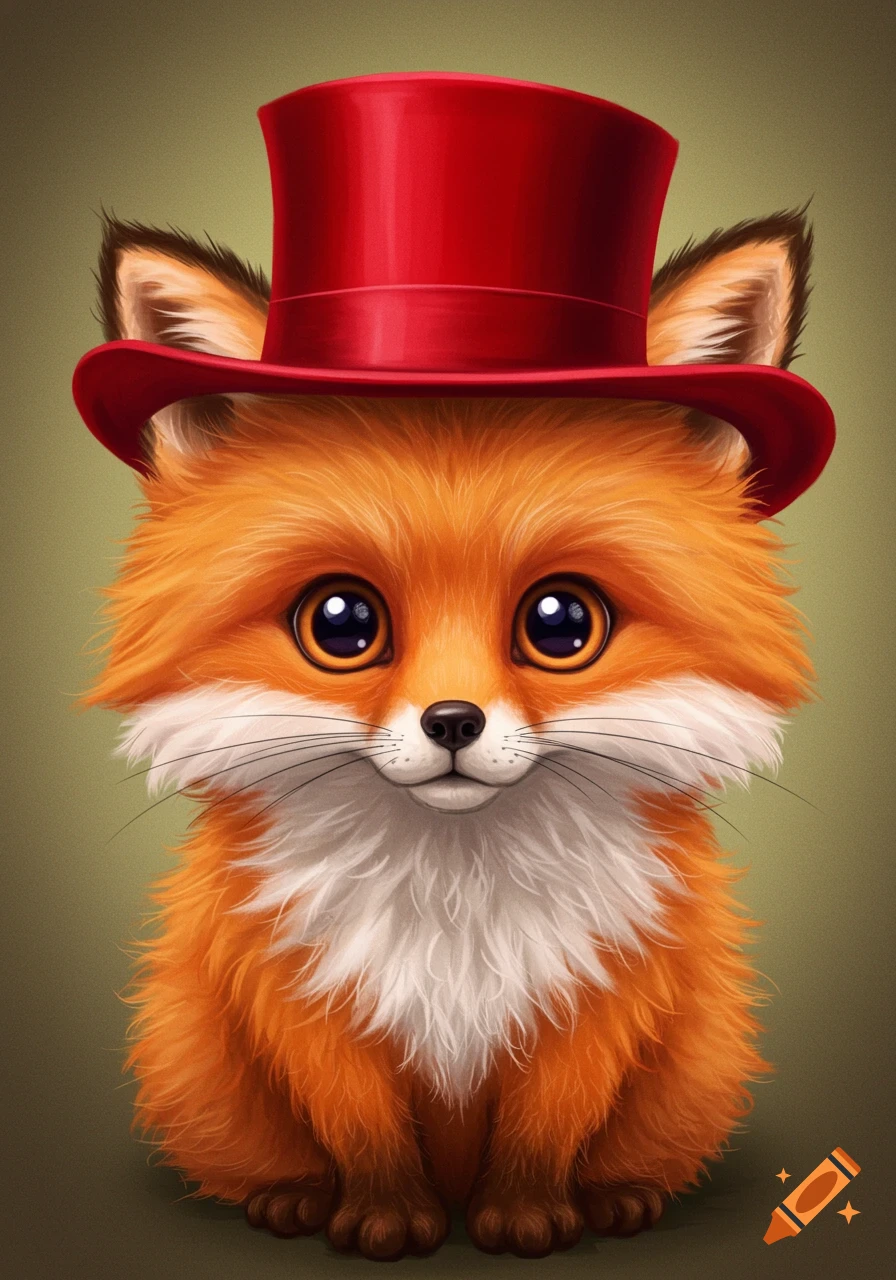 A cute, fluffy fox wearing a red top hat