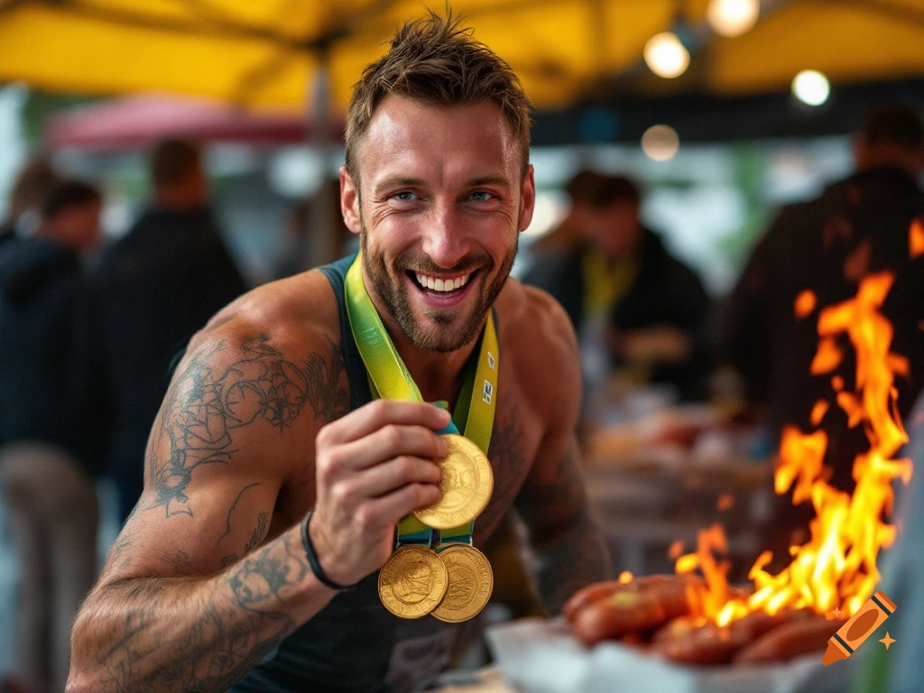 Smiling man with gold medals holds more medals next to a grill with sausages and flames.
