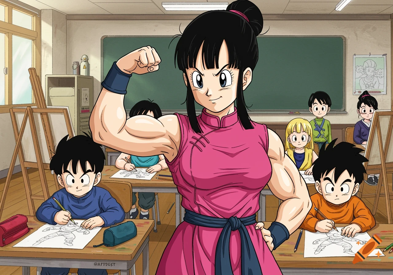 Anime image of Chi-Chi flexing in an art class while students draw her.