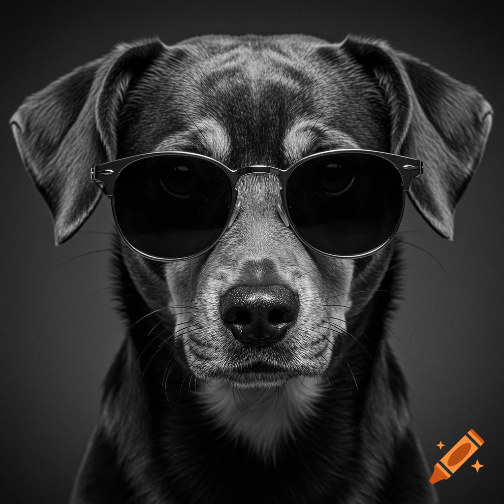 Black and white portrait of a dog wearing sunglasses.