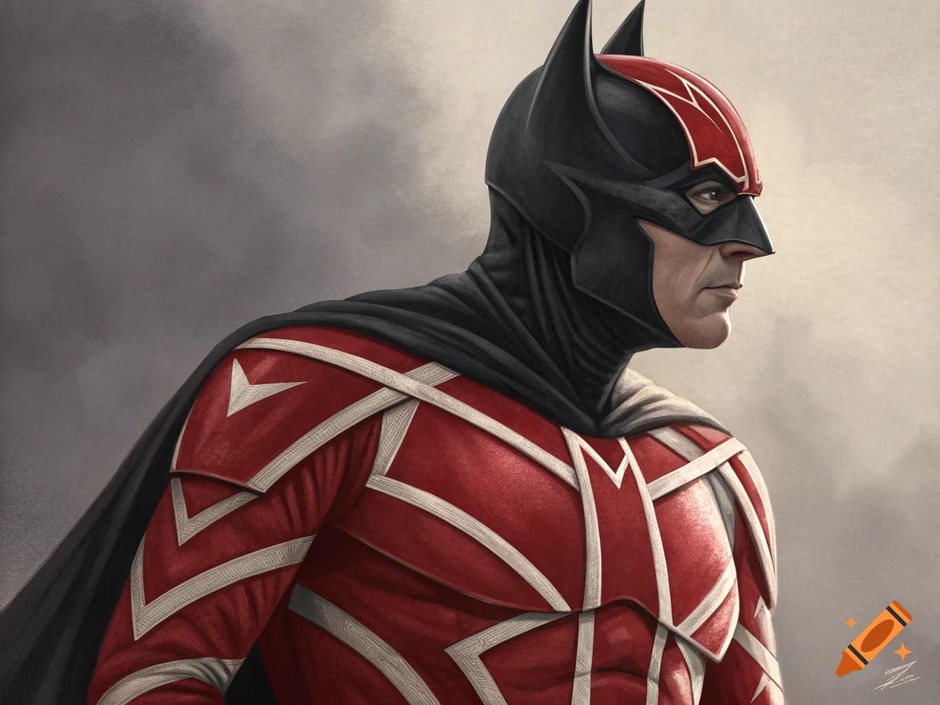Person in a realistic red and white striped superhero costume with a dark cowl and cape.