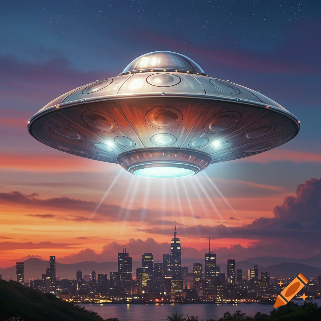 A large flying saucer UFO hovers over a city skyline at sunset