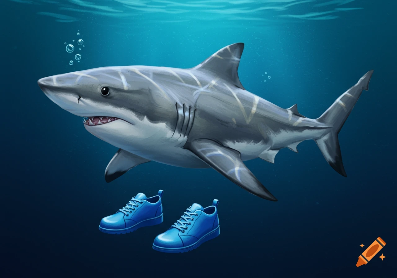 A cartoonish shark swims underwater with two blue shoes floating near it.
