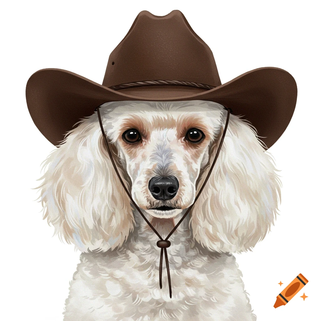 Close-up illustration of a white poodle wearing a brown cowboy hat