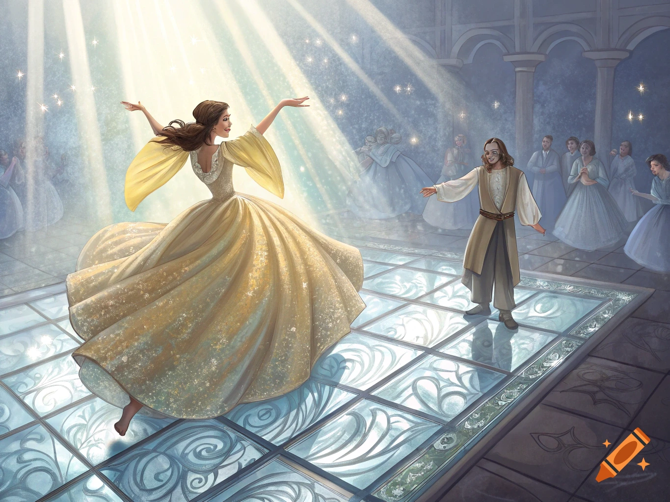 A woman in a flowing golden dress dances on a reflective floor with a man in a brightly lit ballroom with ethereal light rays.
