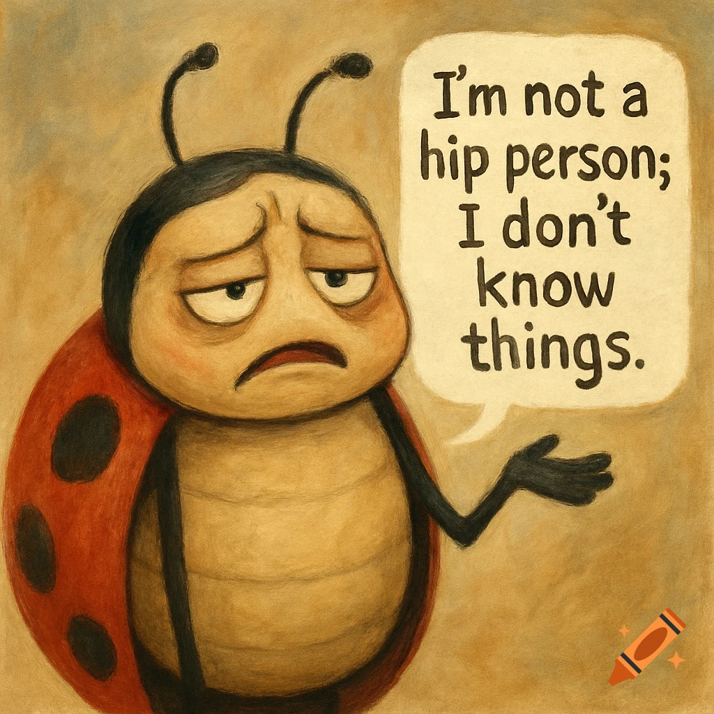 Cartoon ladybug with a speech bubble reading 'I'm not a hip person; I don't know things.'