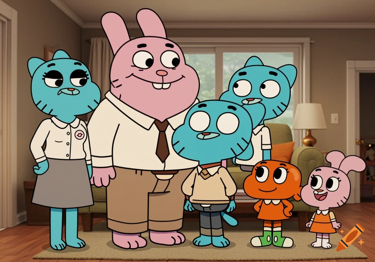 Cartoon family portrait in The Amazing World of Gumball style, featuring cats, rabbits, and a goldfish in a living room.