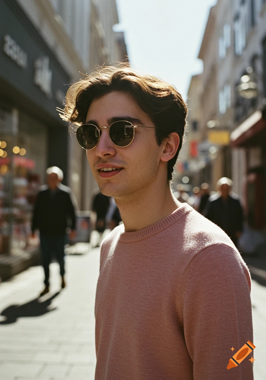 Photographic portrait of a young man in sunglasses and a pink sweater walking on a street.