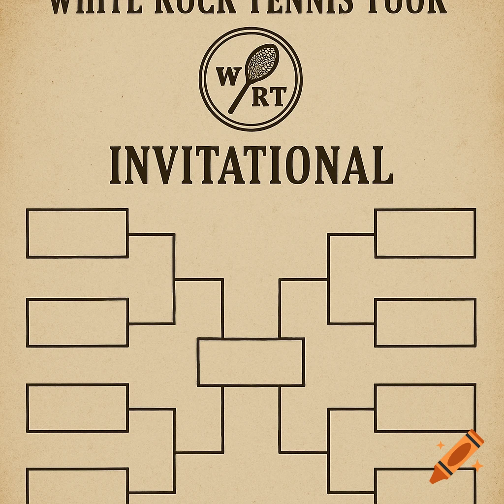 A vintage poster for the White Rock Tennis Tour Invitational with an 8-person tournament bracket and logo.