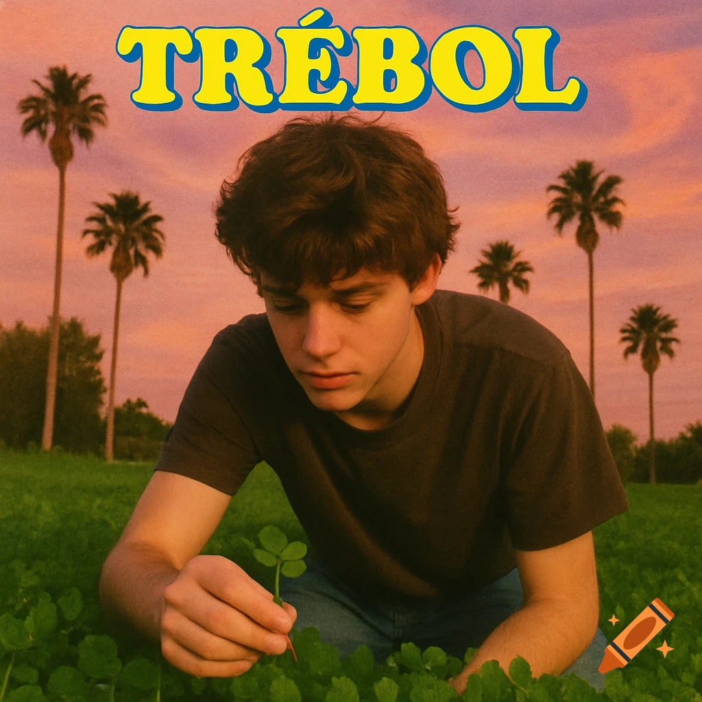 A young man kneels in a clover field holding a four-leaf clover, with palm trees and a pink sunset sky. The text TRÉBOL is at the top.