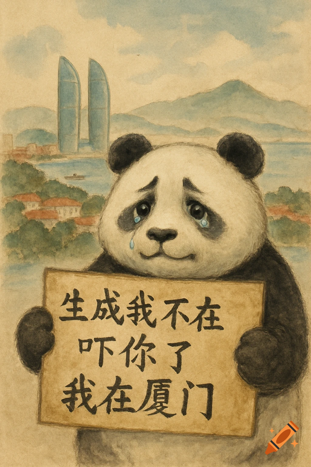 Watercolor illustration of a sad panda holding a sign in front of a cityscape with Twin Towers and water.