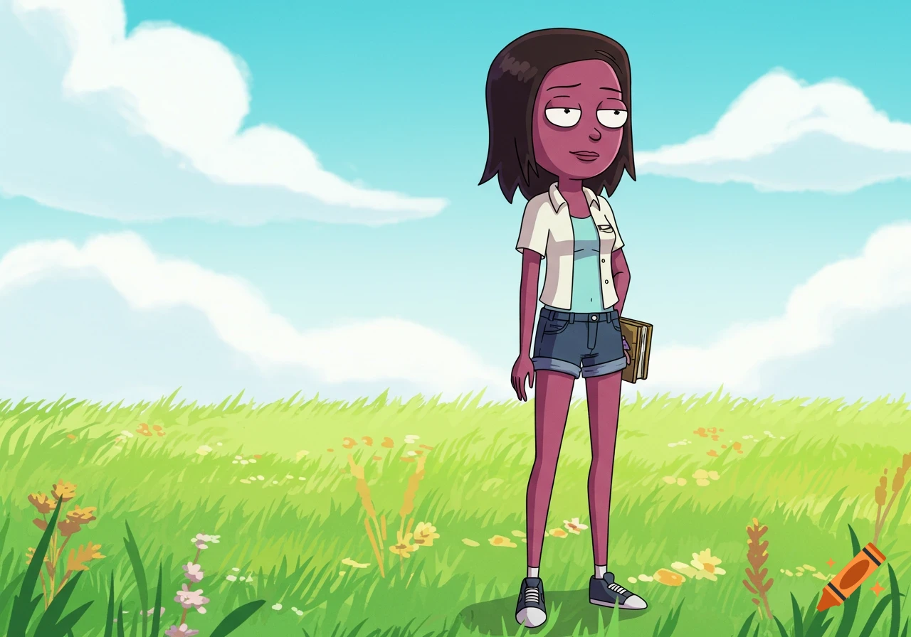 Cartoon character Summer Smith standing in a grassy field.