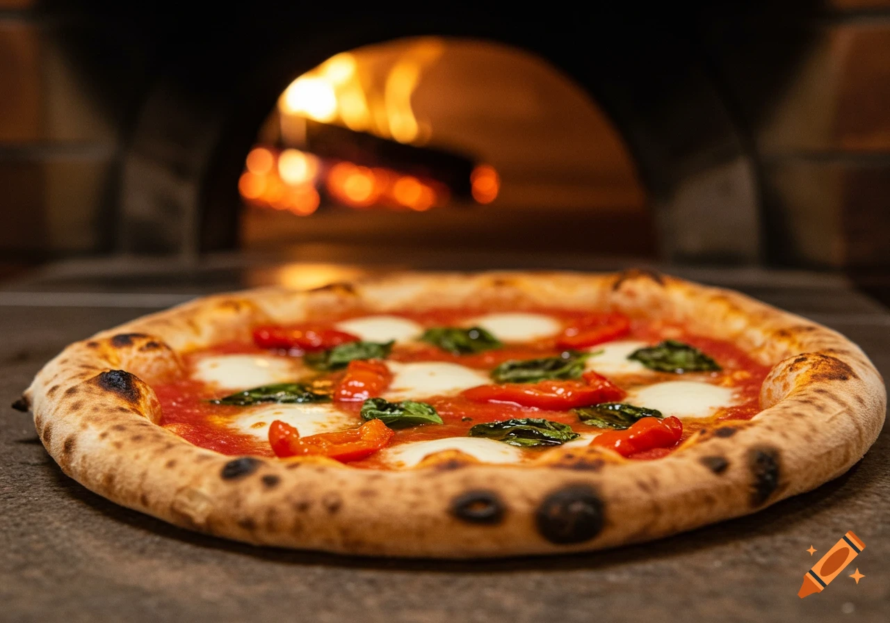 A wood-fired pizza with mozzarella, tomato, basil, and peppers sits in front of a burning oven.