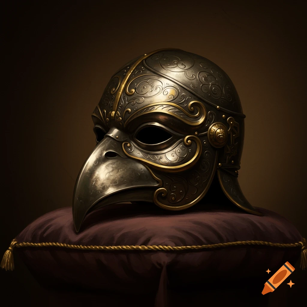 An ornate metal bird mask helmet rests on a purple cushion. Realistic style.