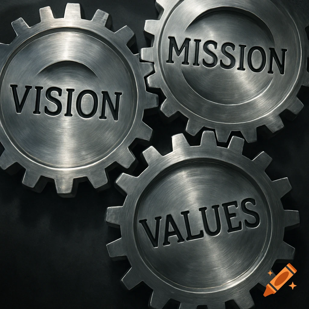 Three metallic gears inscribed with Vision, Mission, and Values.
