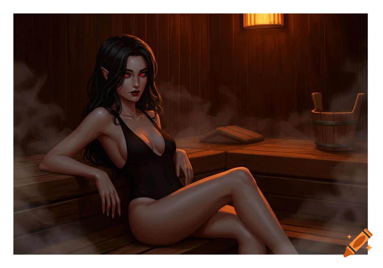 Illustration of a dark-haired woman with red eyes in a black swimsuit relaxing in a sauna.