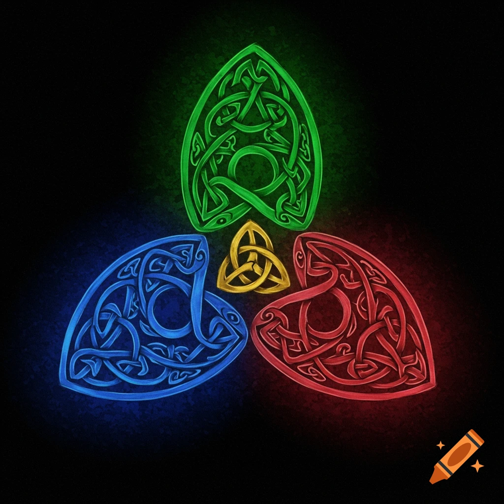Green, blue, and red glowing Celtic knotwork forming a triskelion with a golden triquetra in the center on a black background.