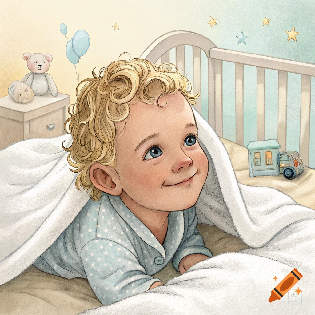 Illustration of a smiling baby under a white blanket in a crib with toys and stars.