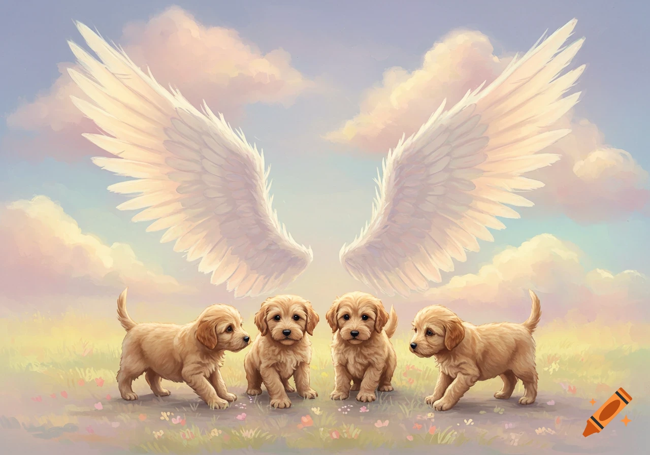 Four golden retriever puppies in a field with angel wings above them, painterly style