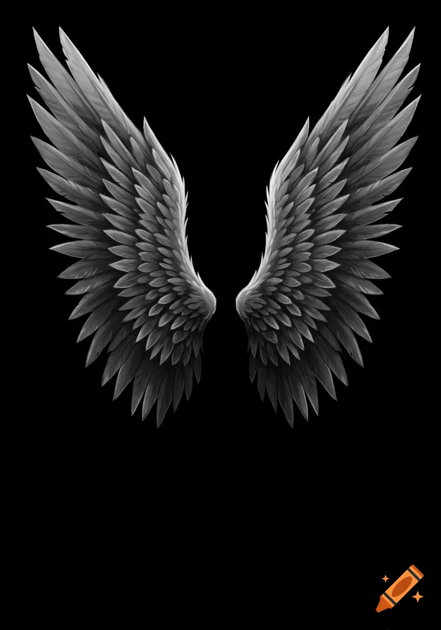 Black and white painting of large angel wings on a black background