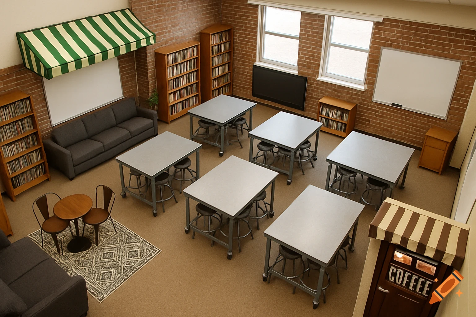 Birds-eye view of a coffee shop themed classroom with tables, chairs, couch, bookshelves, whiteboards, and a 'COFFEE' sign on a door.