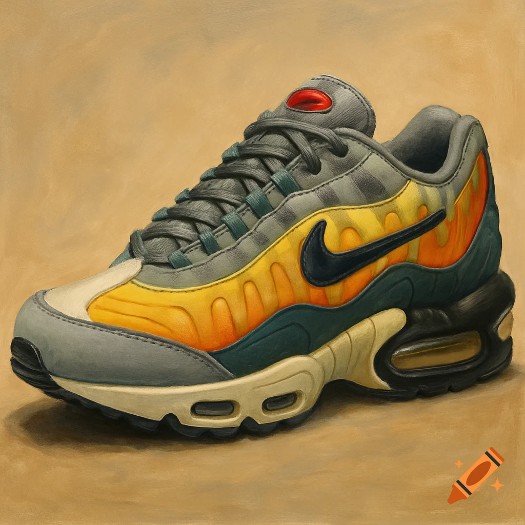 Close-up painting of a colorful sneaker combining elements of Nike Air Max models.