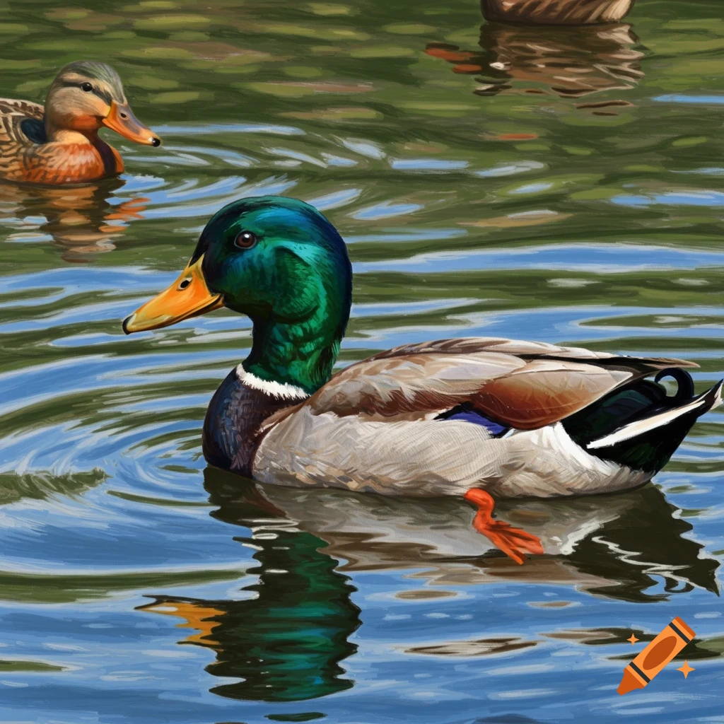 A detailed digital painting of a mallard duck swimming in water with another duck in the background.