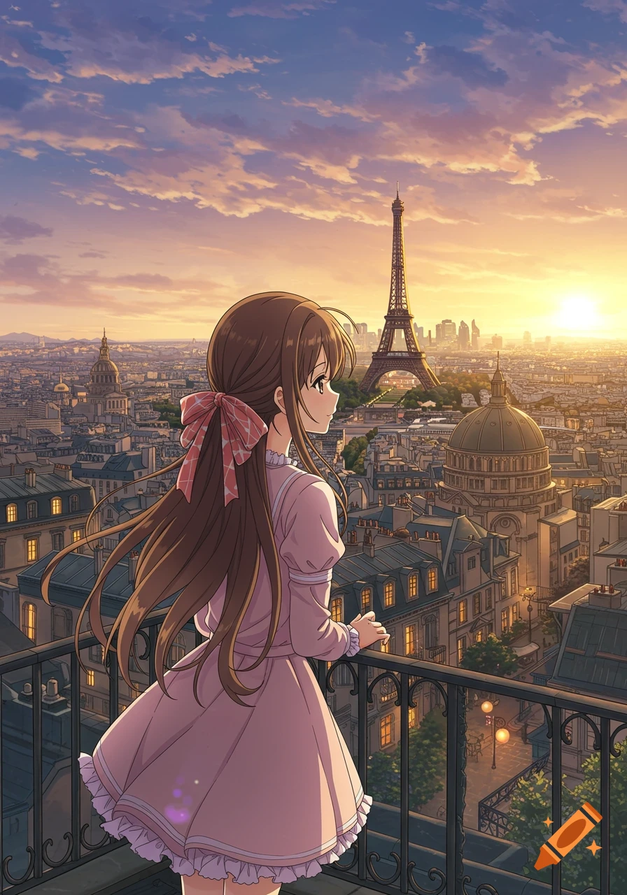 Anime girl looks at Paris skyline at sunset.