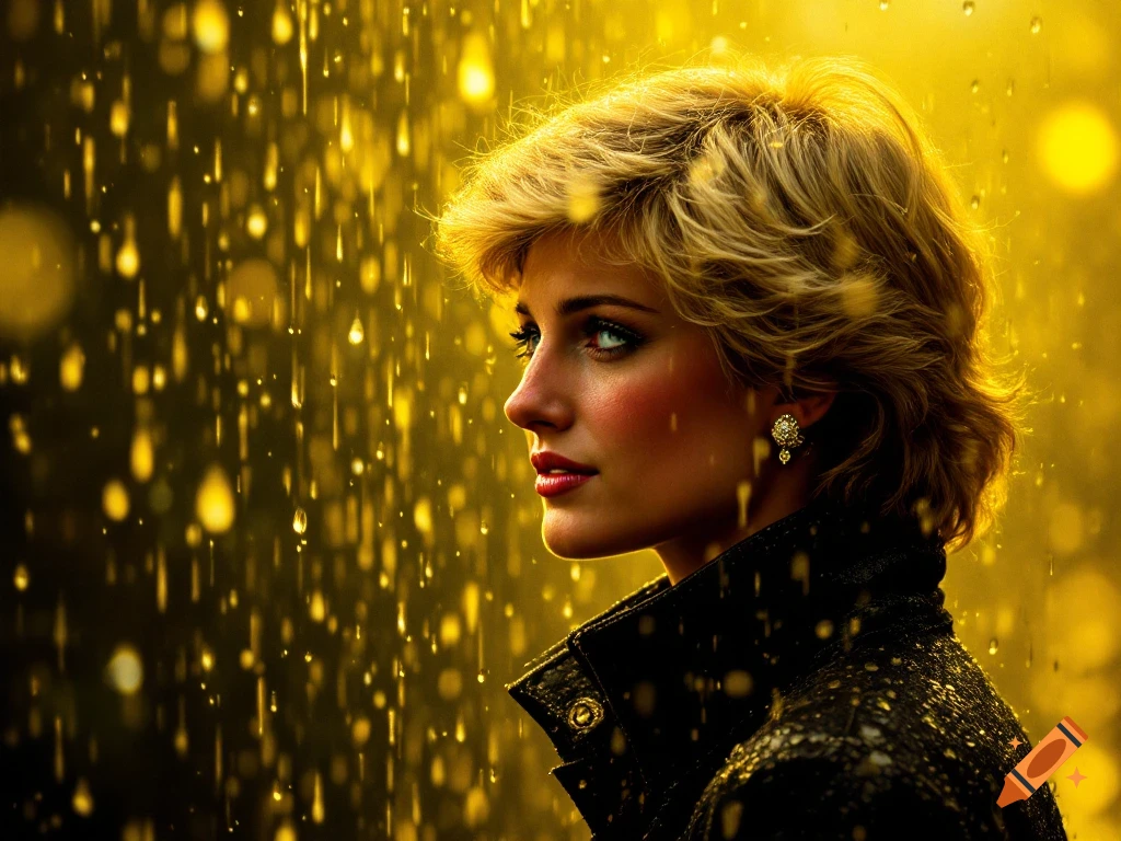 Profile portrait of a woman resembling Princess Diana in yellow rain