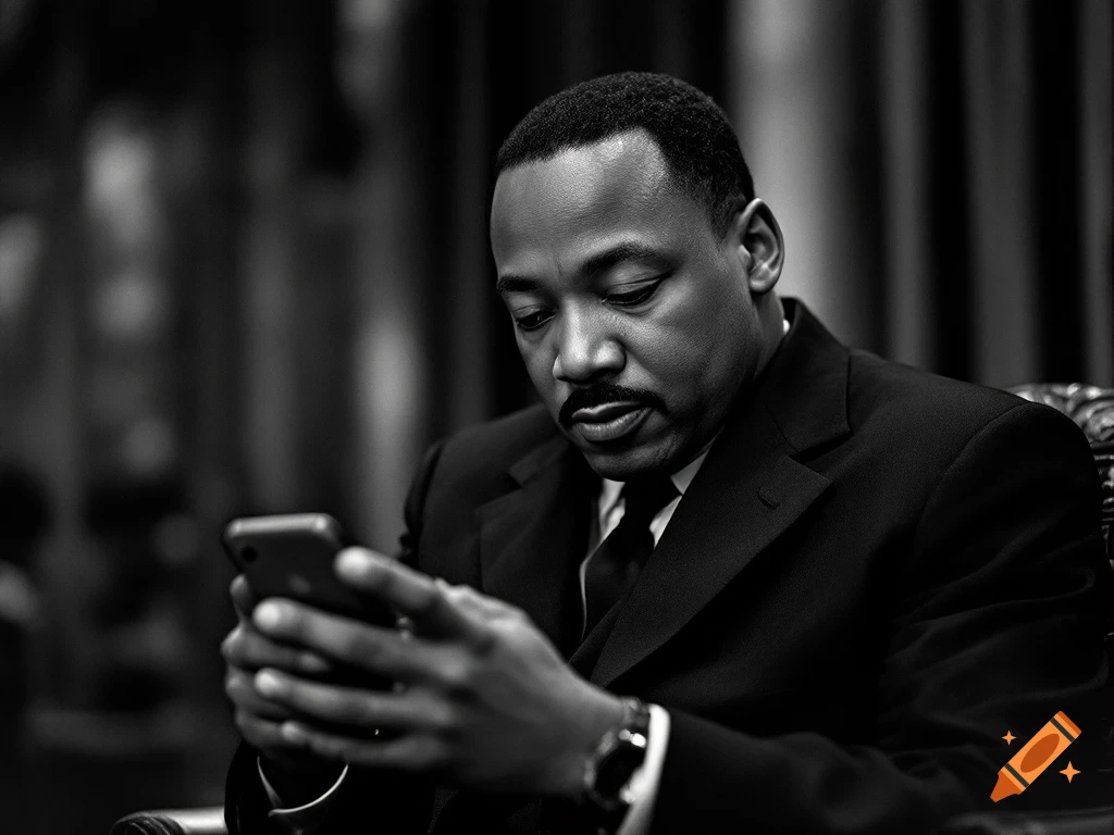 Black and white portrait of a man resembling Martin Luther King Jr. looking at a smartphone.