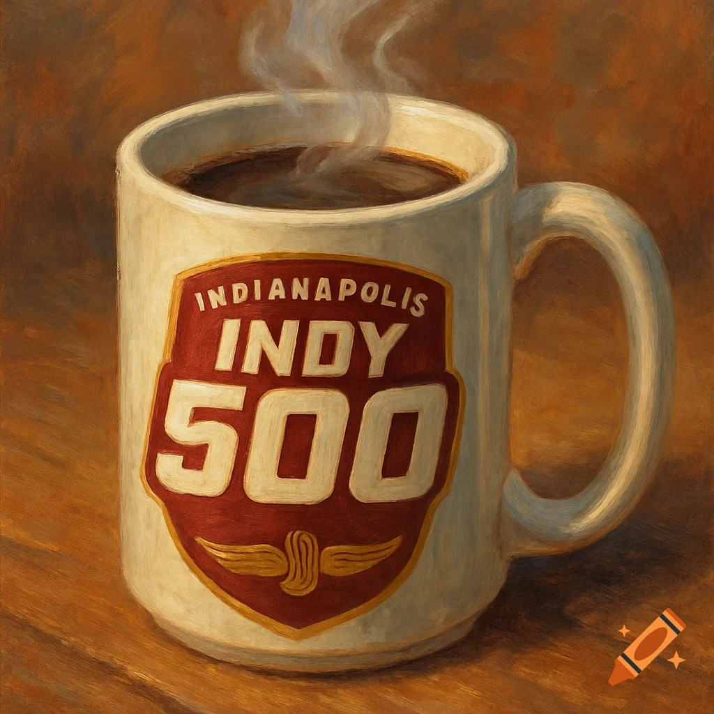 A steaming coffee mug with the Indianapolis Indy 500 logo in a painterly style.