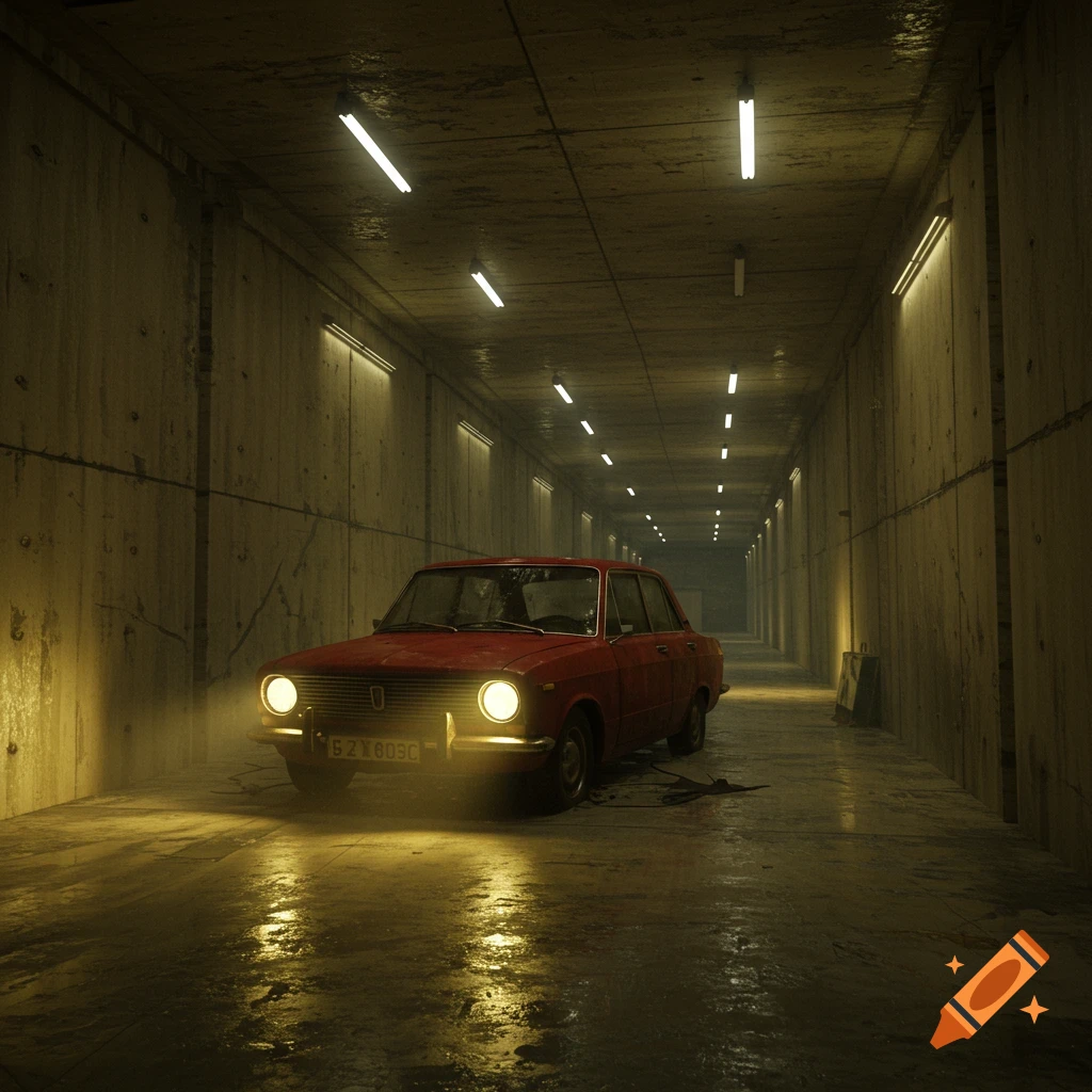 A red car sits abandoned in a dimly lit concrete tunnel with fluorescent lights. 3D render.