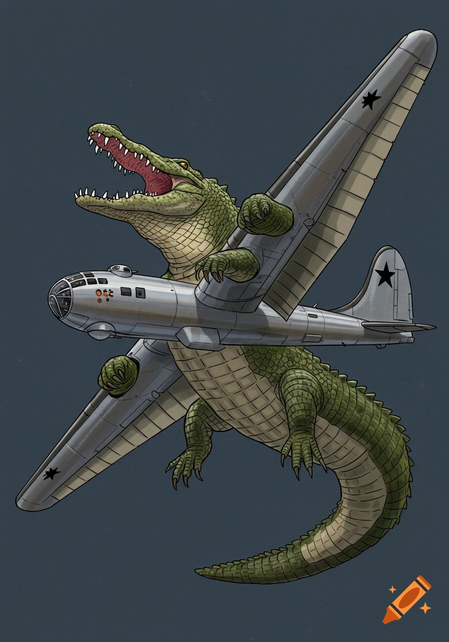 Cartoon illustration of a giant alligator combined with a B-29 bomber flying.