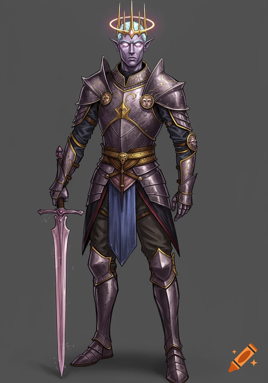 Fantasy character in ornate armor holding a glowing sword, with purple skin, glowing eyes, and a halo crown.