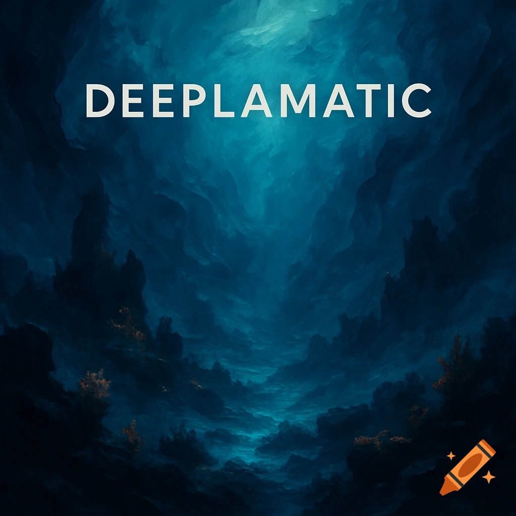 Dark, atmospheric background with swirling blue and black clouds or water, featuring the text DEEPLAMATIC.