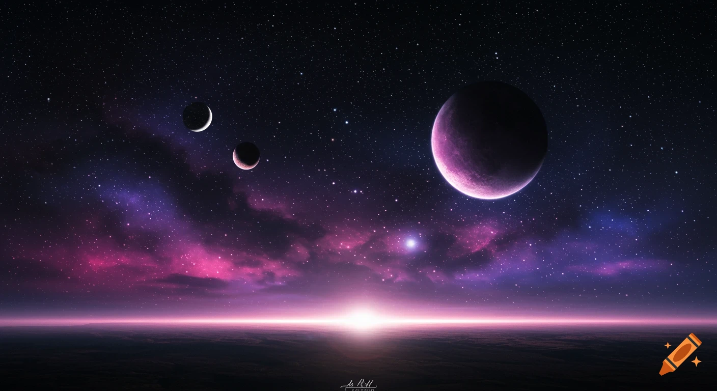Cosmic galaxy scene with planets, moon, nebulae, and bright horizon