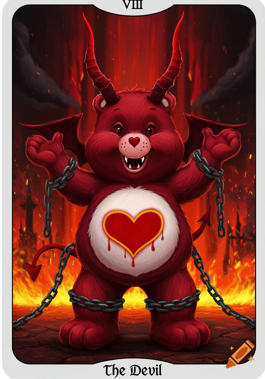 Red Care Bear dressed as the Devil in chains on a tarot card labeled VIII The Devil, standing in hellfire.