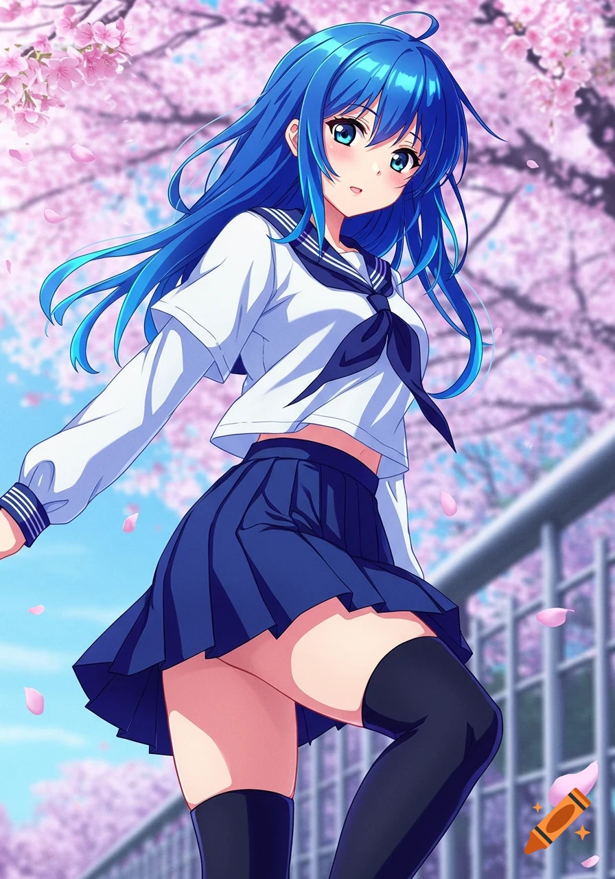 Anime girl with blue hair in school uniform under cherry blossom trees.